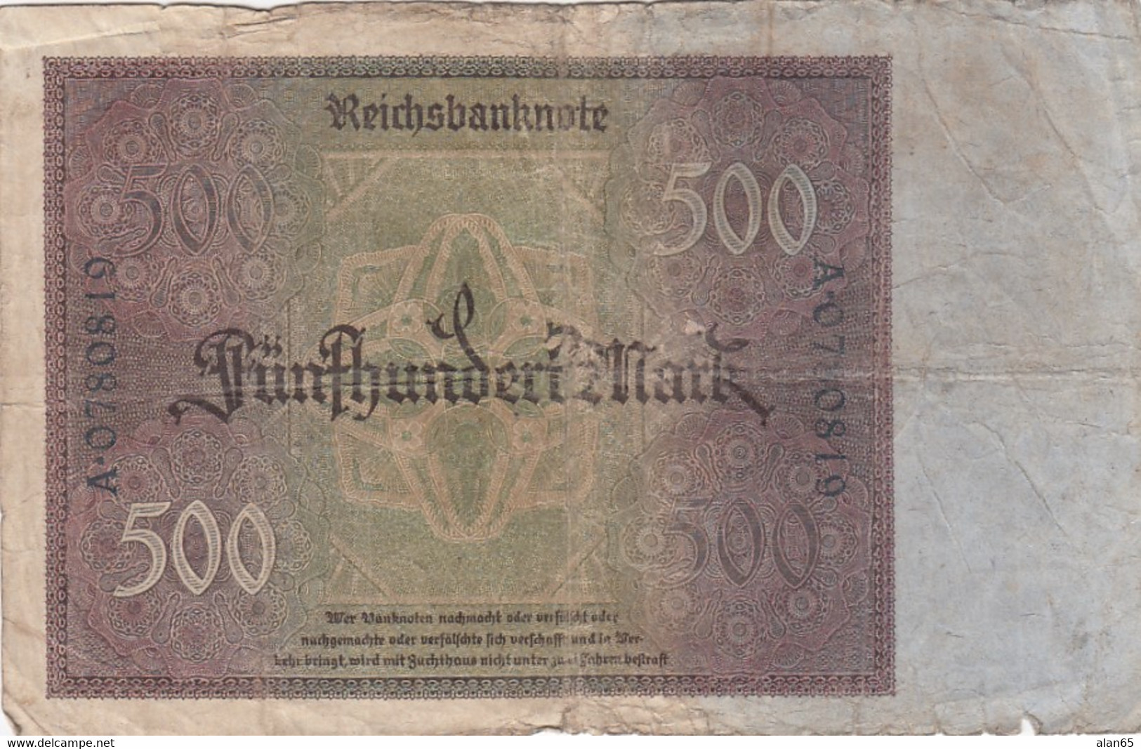 Germany #73, 500 Marks 27.3.1922 Reichsbanknote Banknote Currency - 500 Mark