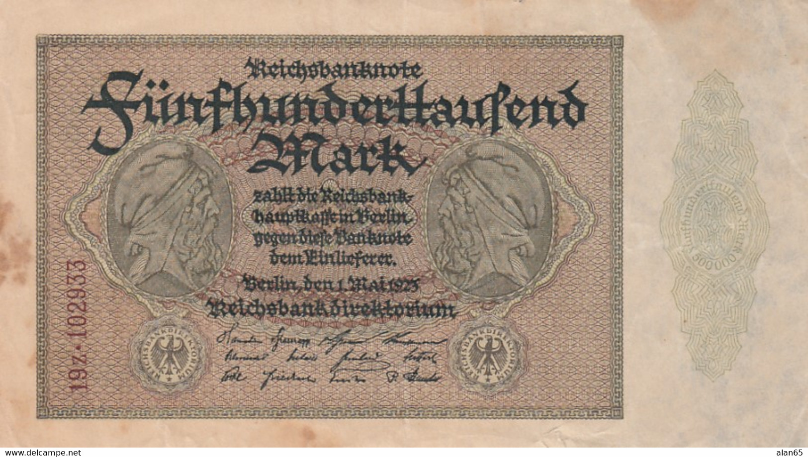 Germany #88b, 500,000 Marks 1.5.1923 Reichsbanknote Small Serial # At Left On Front Only Banknote Currency - 500.000 Mark