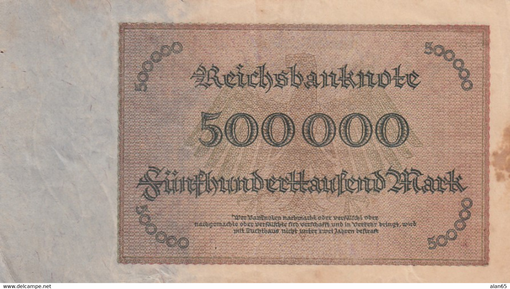 Germany #88b, 500,000 Marks 1.5.1923 Reichsbanknote Small Serial # At Left On Front Only Banknote Currency - 500.000 Mark