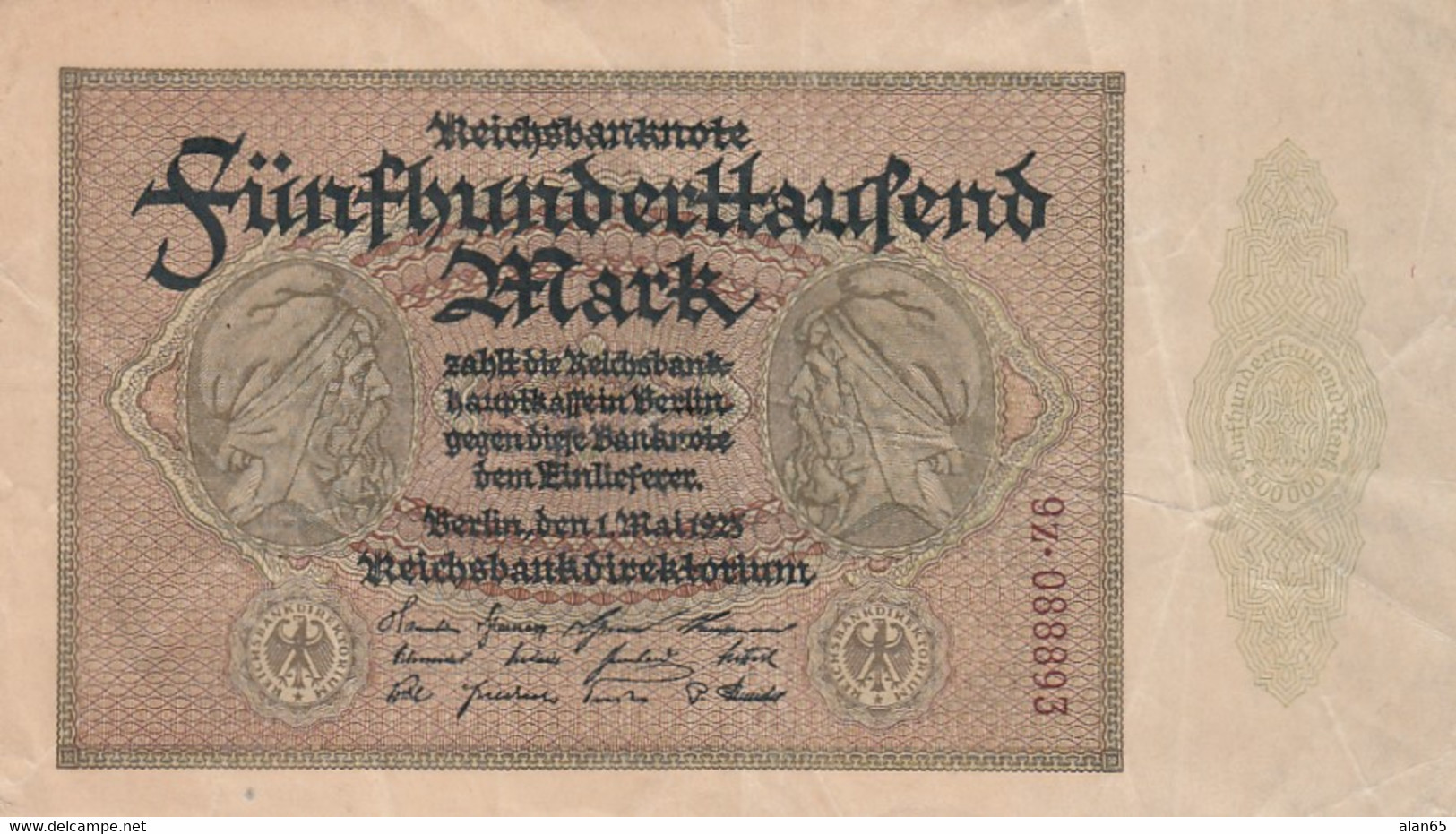 Germany #88b, 500,000 Marks 1.5.1923 Reichsbanknote Small Serial # At Right On Front Only Banknote Currency - 500000 Mark