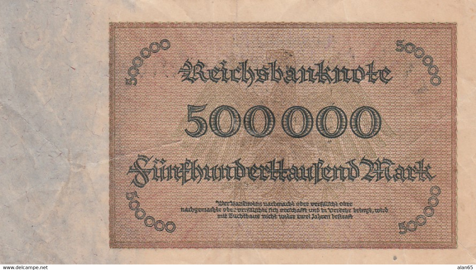 Germany #88b, 500,000 Marks 1.5.1923 Reichsbanknote Small Serial # At Right On Front Only Banknote Currency - 500.000 Mark