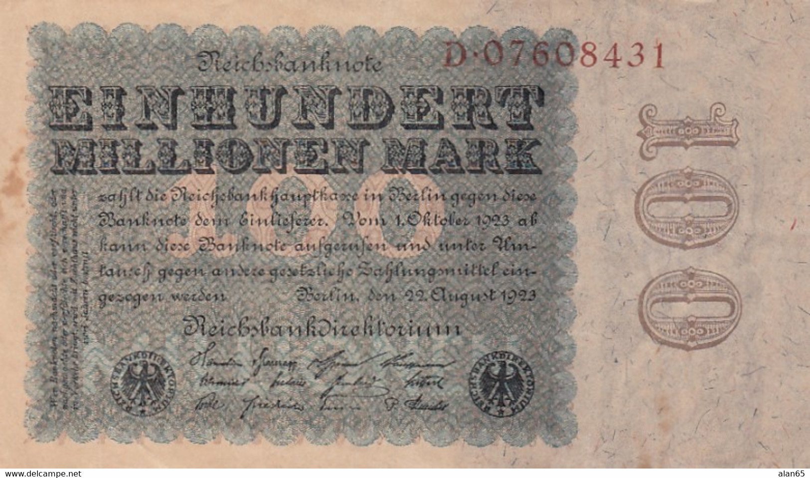 Germany #107a, 100 Million Marks 22.8.1923 Reichsbanknote Oak Leaves Watermark Banknote Currency - 100 Millionen Mark