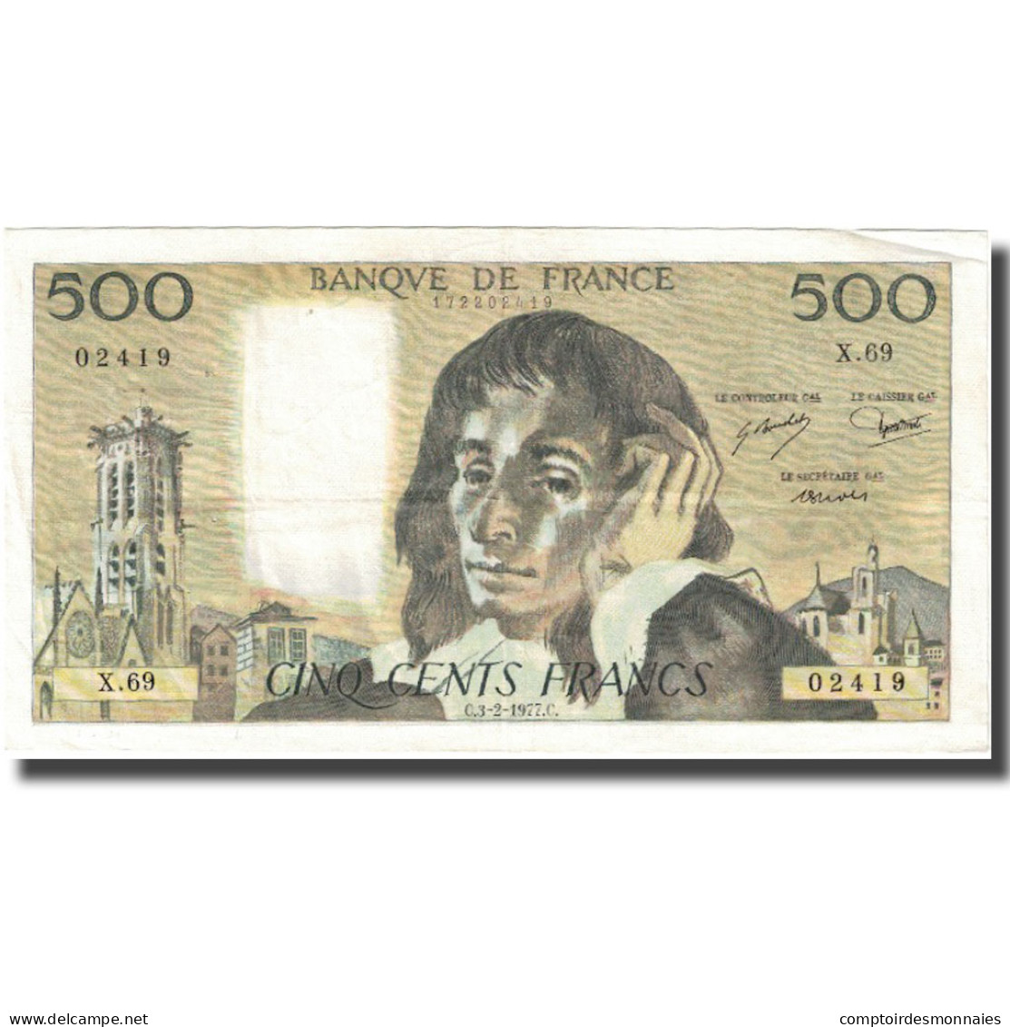 France, 500 Francs, Pascal, 1977, 1977-02-03, TB+, Fayette:71.16, KM:156d - 500 F 1968-1993 ''Pascal''