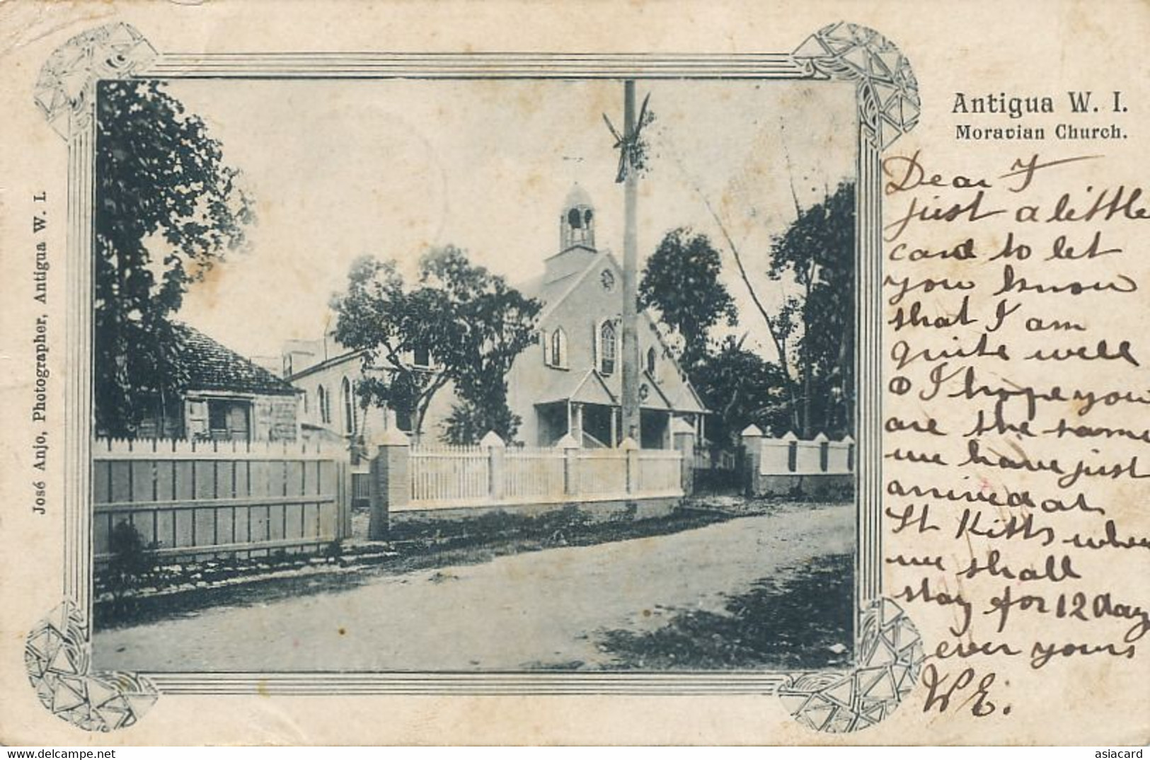 Antigua Moravian Church  Undivided Back José Anjo  1908 St Kitt's Cancel . Crease Top Left Corner - Antigua E Barbuda