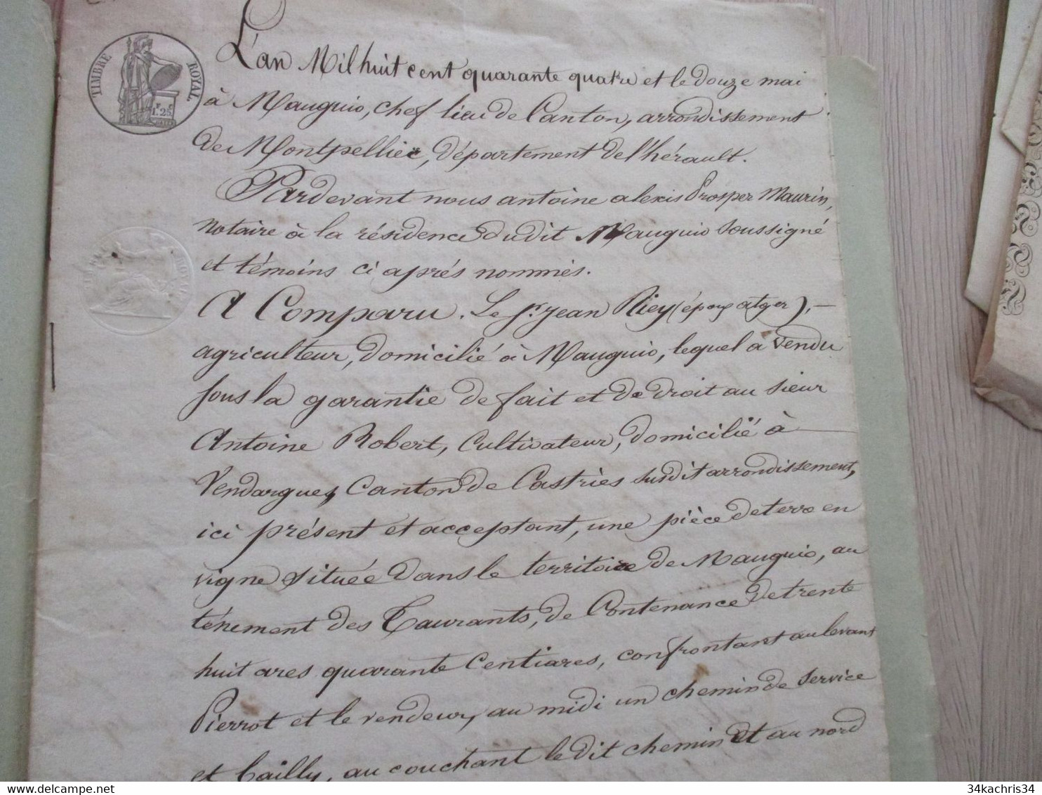 JF Acte Notarial Hérault Vente Vigne 1844 Mauguio Robert/Atger Riey - Manuskripte
