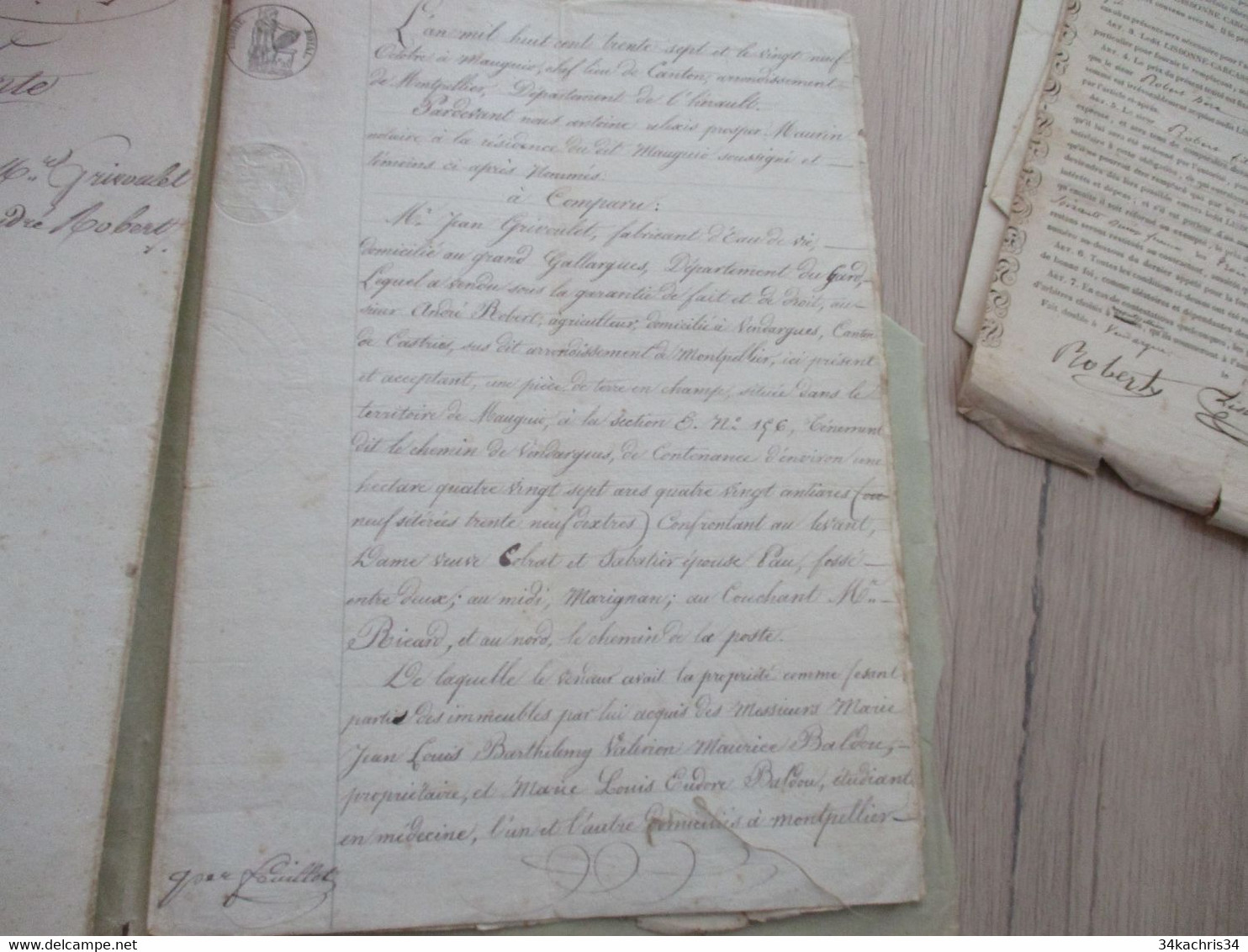 JF Archive Acte Hérault Vente Terre à Mauguio 1837 Grivoulet Marchand D'eau De Vie Gallargues/Robert Vendargues - Manuscrits