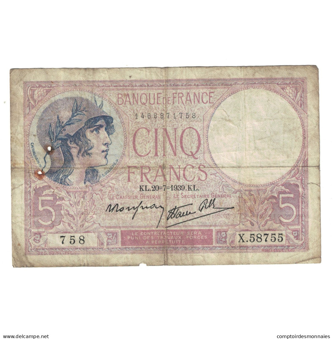 France, 5 Francs, Violet, 1939, 1939-07-27, TB, Fayette:4.2, KM:83 - 5 F 1917-1940 ''Violet''