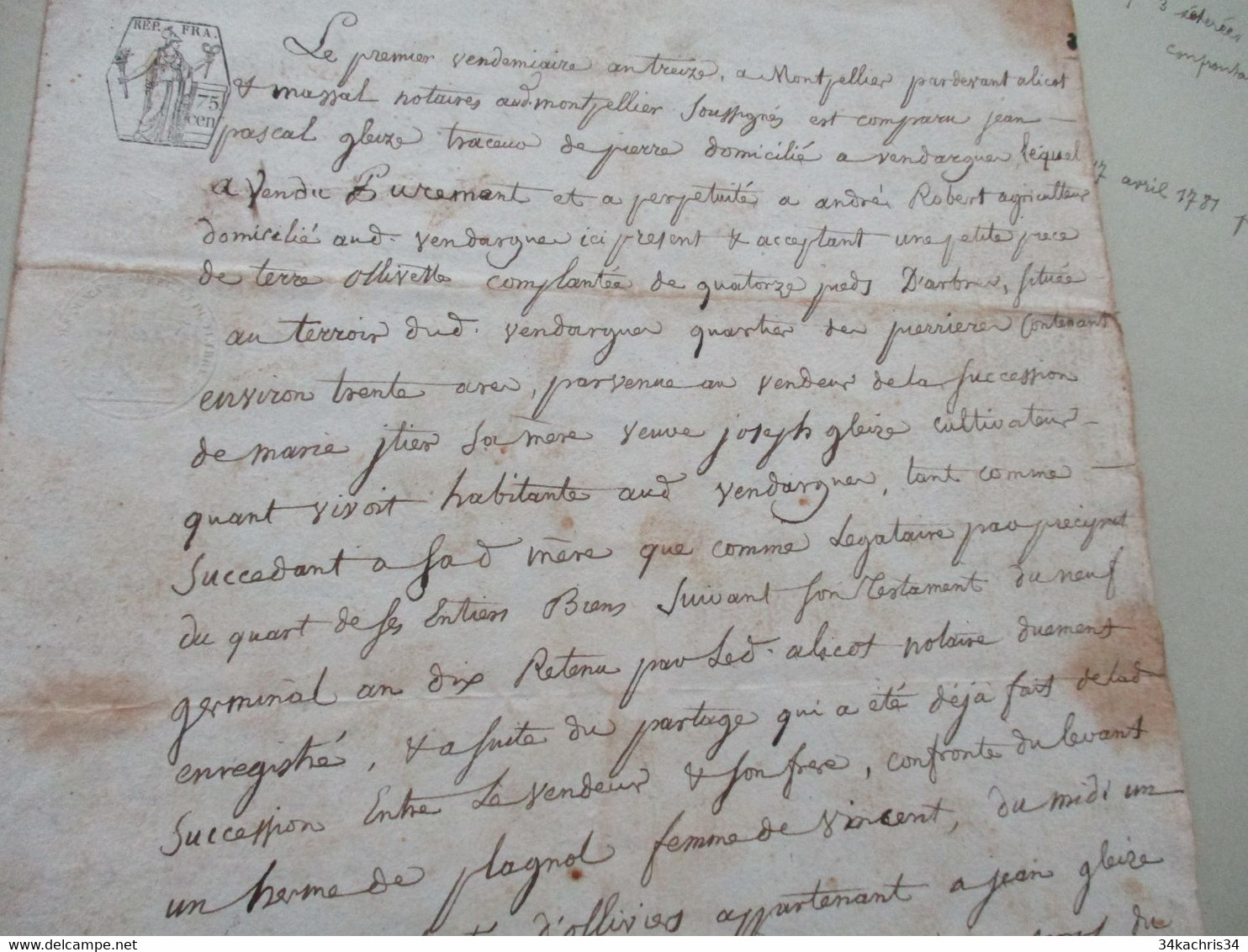 JF Acte Notarial Hérault Vente Vendargues An XIII Révolution Gleize/Robert Dont Olivette - Manuscripten