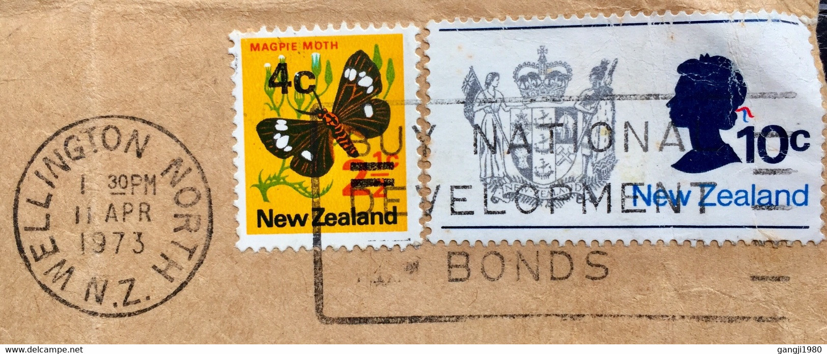 NEW ZEALAND 1973 ,BUY NATIONAL DEVELOPMENT BONDS SLOGAN,EMBASSY OF INDONESIA,USED COVER BUTTERFLY,EAGLE,QUEEN - Brieven En Documenten