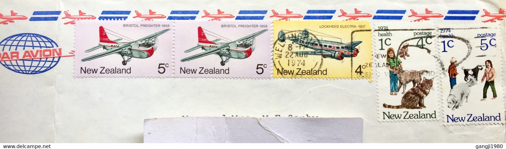 NEW ZEALAND 1974 ,USED COVER TO ENGLAND,5 STAMPS USED,AEROPLANES DOG,CAT,GIRL,BOY - Lettres & Documents