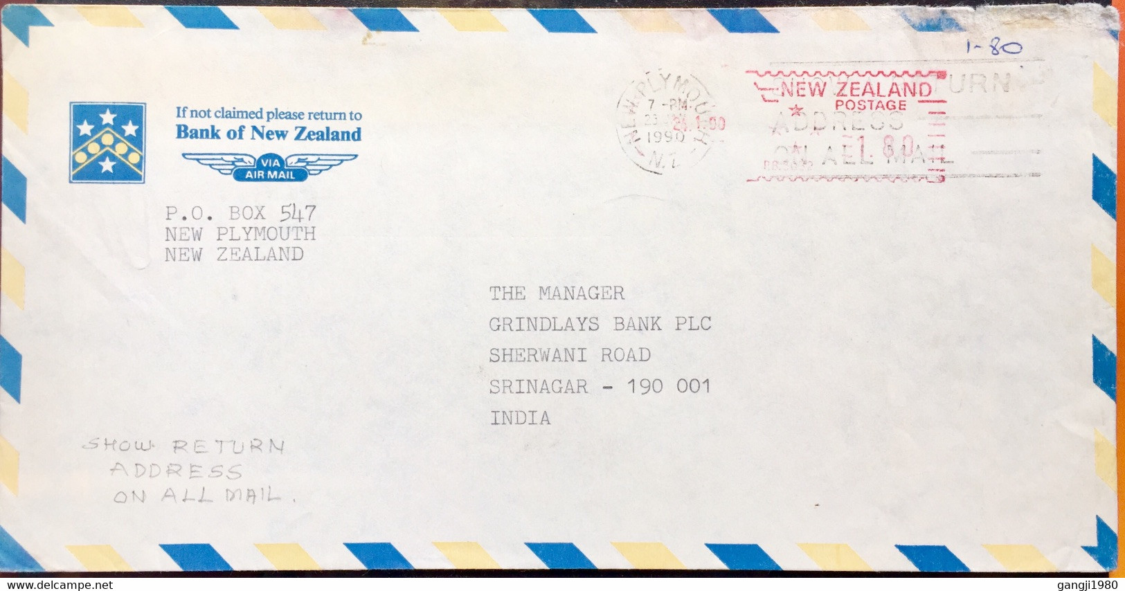 NEW ZEALAND 1990 SHOW RETURN ADDRESS ON ALL MAIL SLOGAN,NEW PLYMOUTH TO INDIA BANK OF NEW ZEALAND METER CANCELLATION - Lettres & Documents