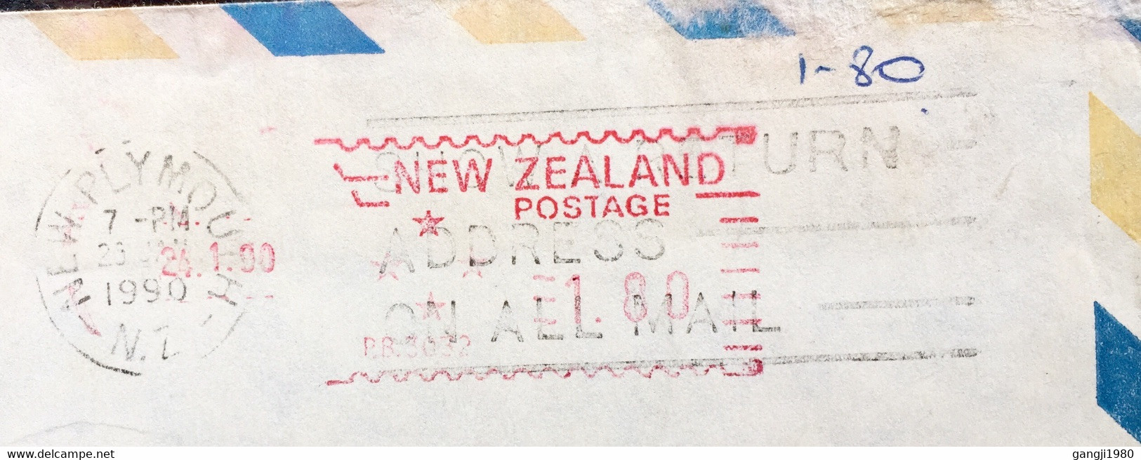 NEW ZEALAND 1990 SHOW RETURN ADDRESS ON ALL MAIL SLOGAN,NEW PLYMOUTH TO INDIA BANK OF NEW ZEALAND METER CANCELLATION - Lettres & Documents