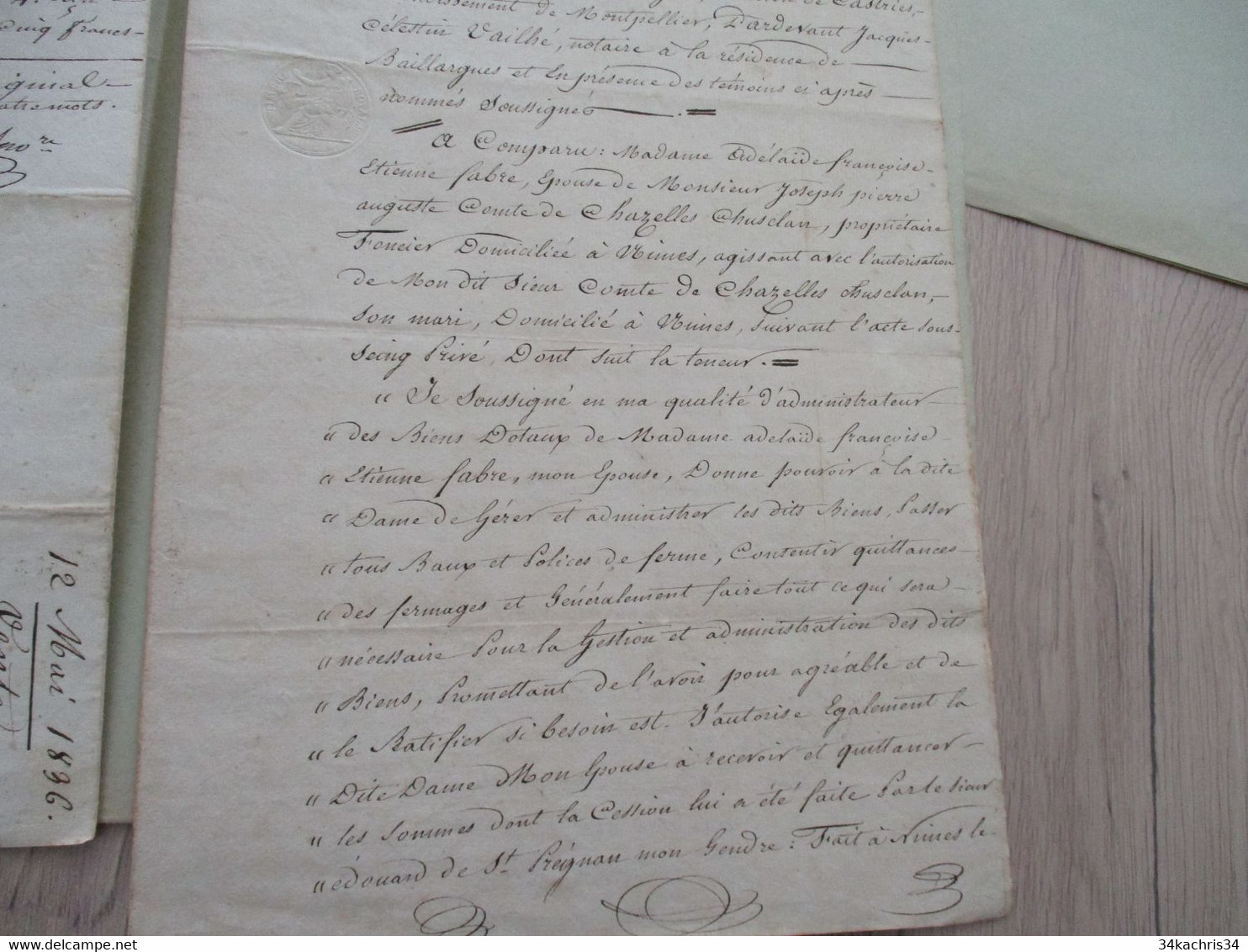 JF Acte Notarial Hérault Vente  1837/ Vendargues/Mauguio Quittance Domaine   Robert /Comtesse De Chazelle Et St Prégnan - Manuscritos