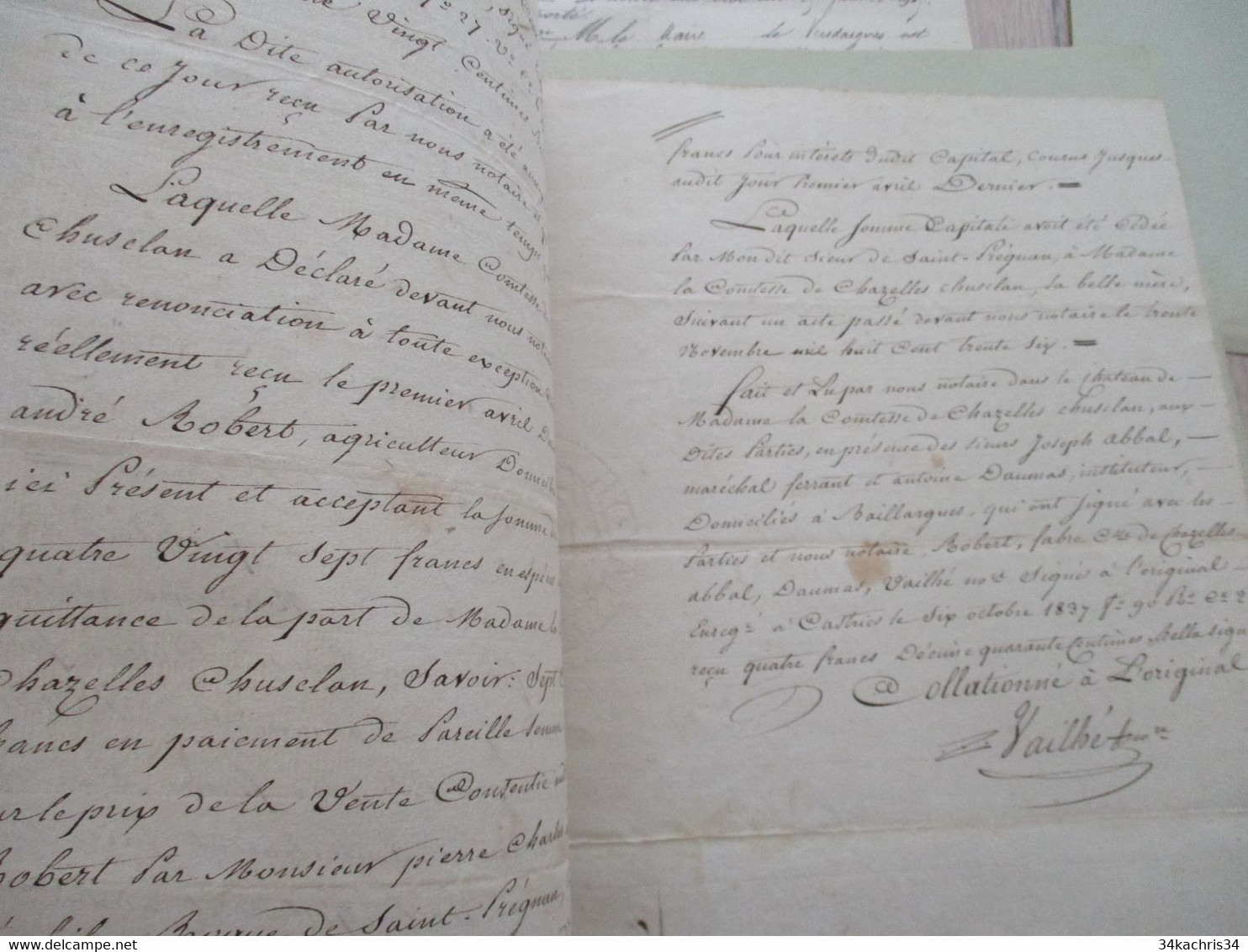 JF Acte Notarial Hérault Vente  1837/ Vendargues/Mauguio Quittance Domaine   Robert /Comtesse De Chazelle Et St Prégnan - Manuscripten