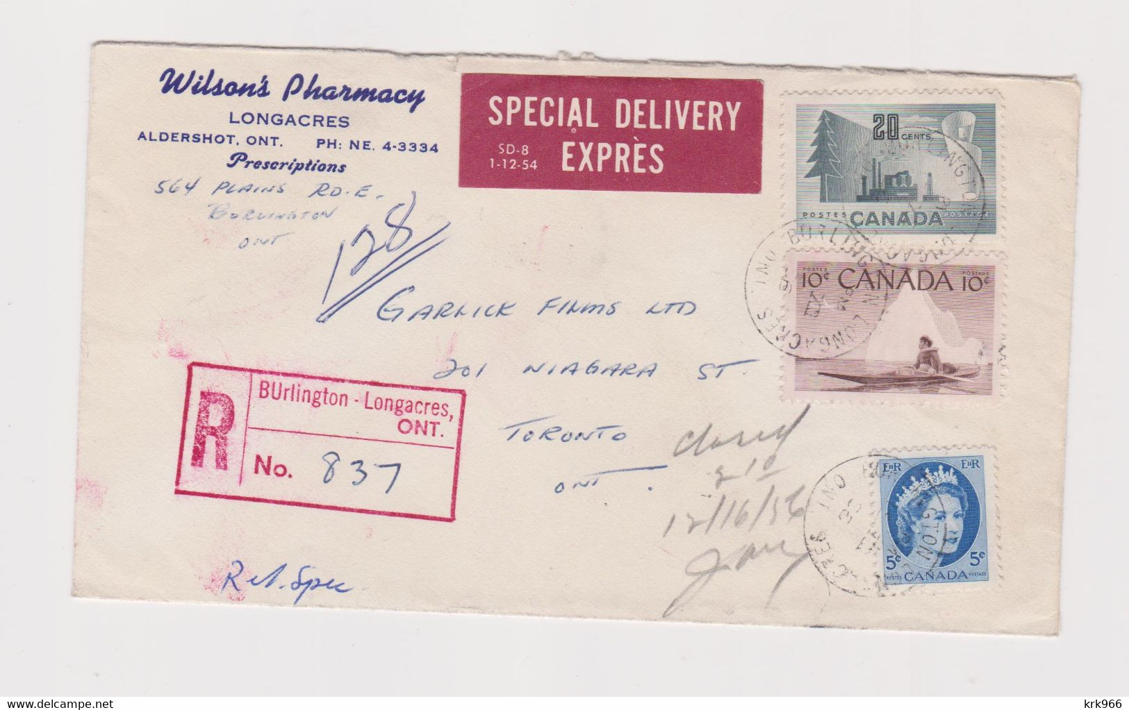 CANADA  1956 BURLINGTON-LONGARCES Registered Cover Specal Delivery Expres - Brieven En Documenten
