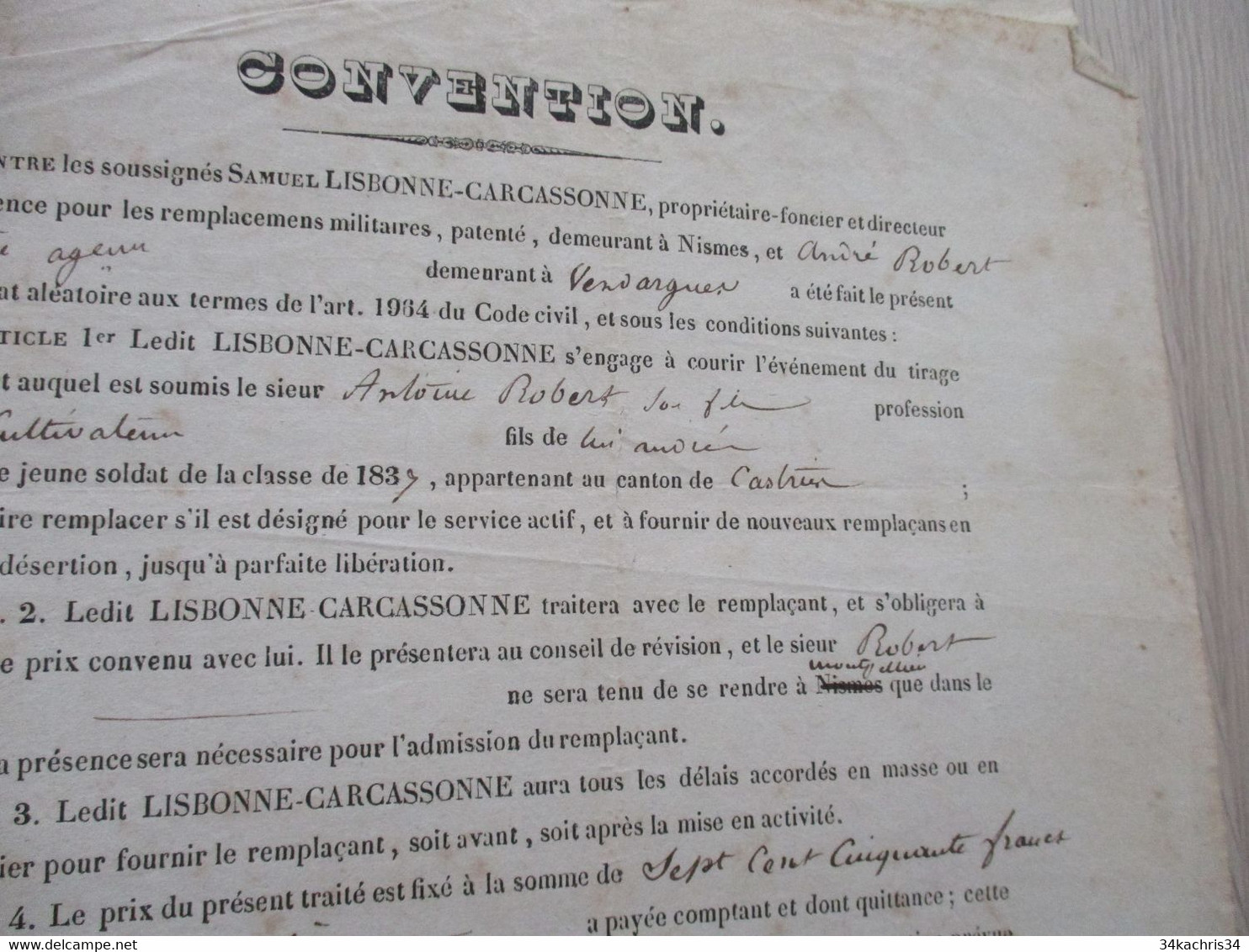 JF  Hérault   Vendargues Convention Lisbonne Carcassonne/Robert Couverture Tirage De La Classe 1837 Conscrits En L'état - Manuscritos