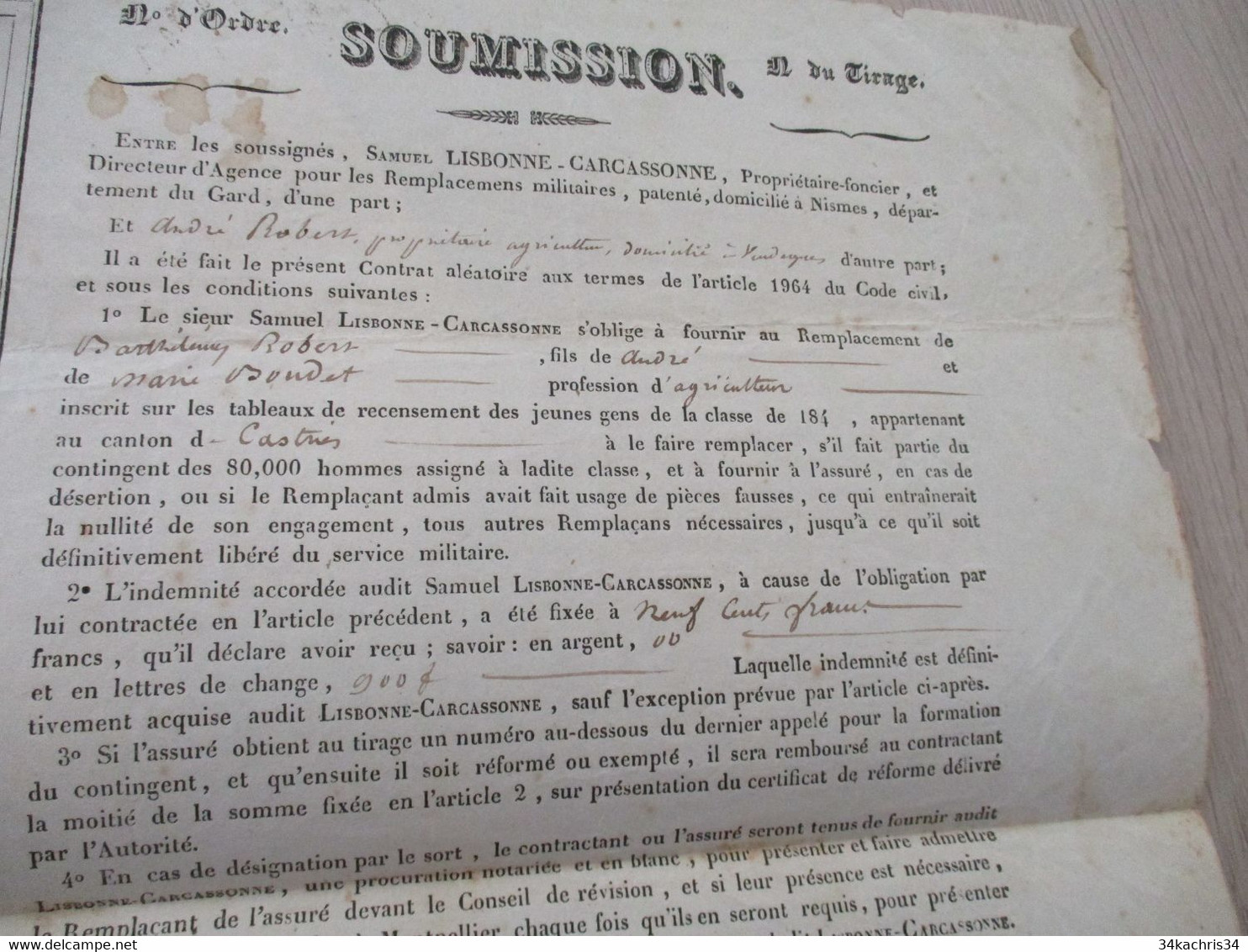 JF  Hérault   Vendargues Convention Lisbonne Carcassonne/Robert Soumission  Tirage De La Classe 1842 Conscrits - Manuscrits