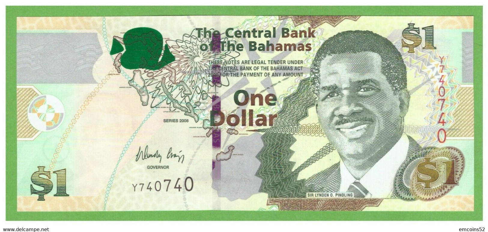 BAHAMAS 1 DOLLAR 2008  P-71 UNC NUMBER Y740740 - Bahamas