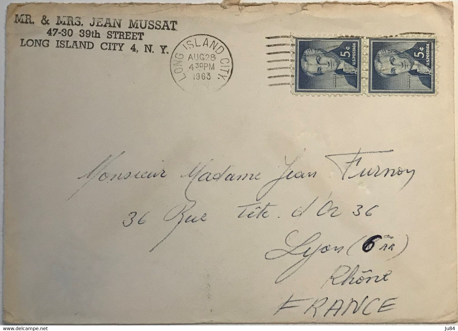 États-Unis - New York - Long Island City - Lettre Pour Lyon (France) - 5c Monroe - 28 Août 1963 - Usati