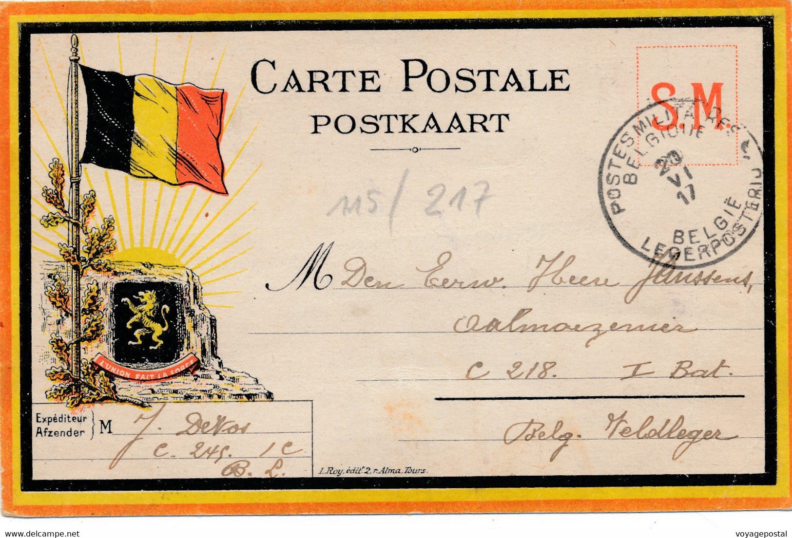 CARTE PMB DRAPEAU L'UNION FAIT LA FORCE C 245 C 218 WWI BELGIQUE - Belgisch Leger