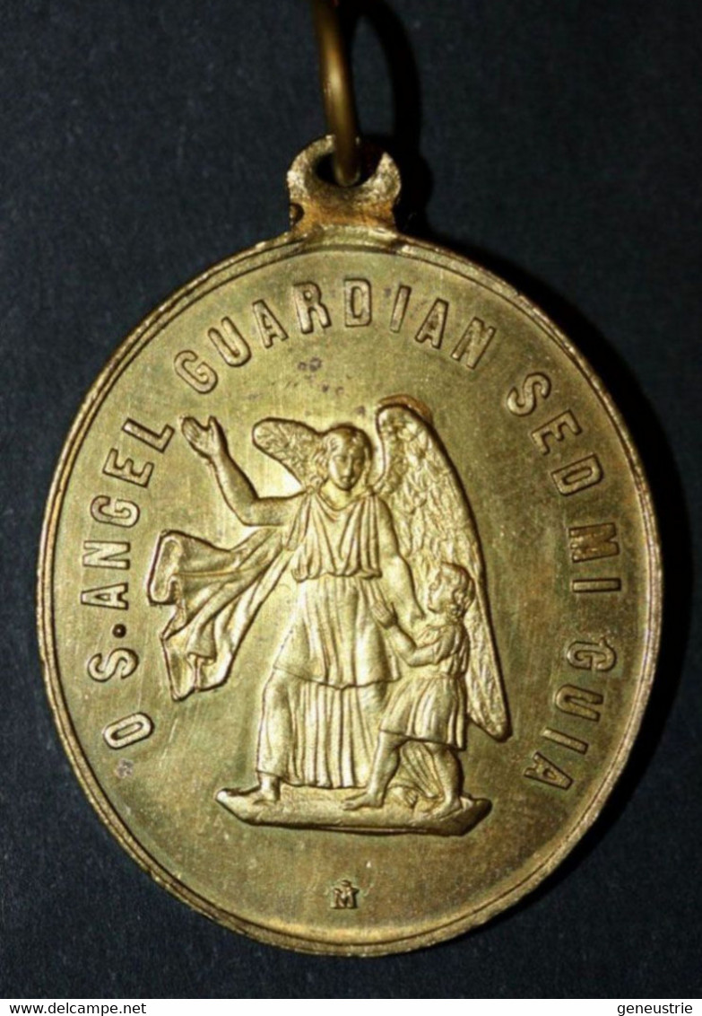 Médaillon Bronze XIXe Pendentif Médaille Religieuse "Saint Ange Gardien / Saint Stanislas Kotska, Né à Rostkowo Pologne" - Religion & Esotérisme