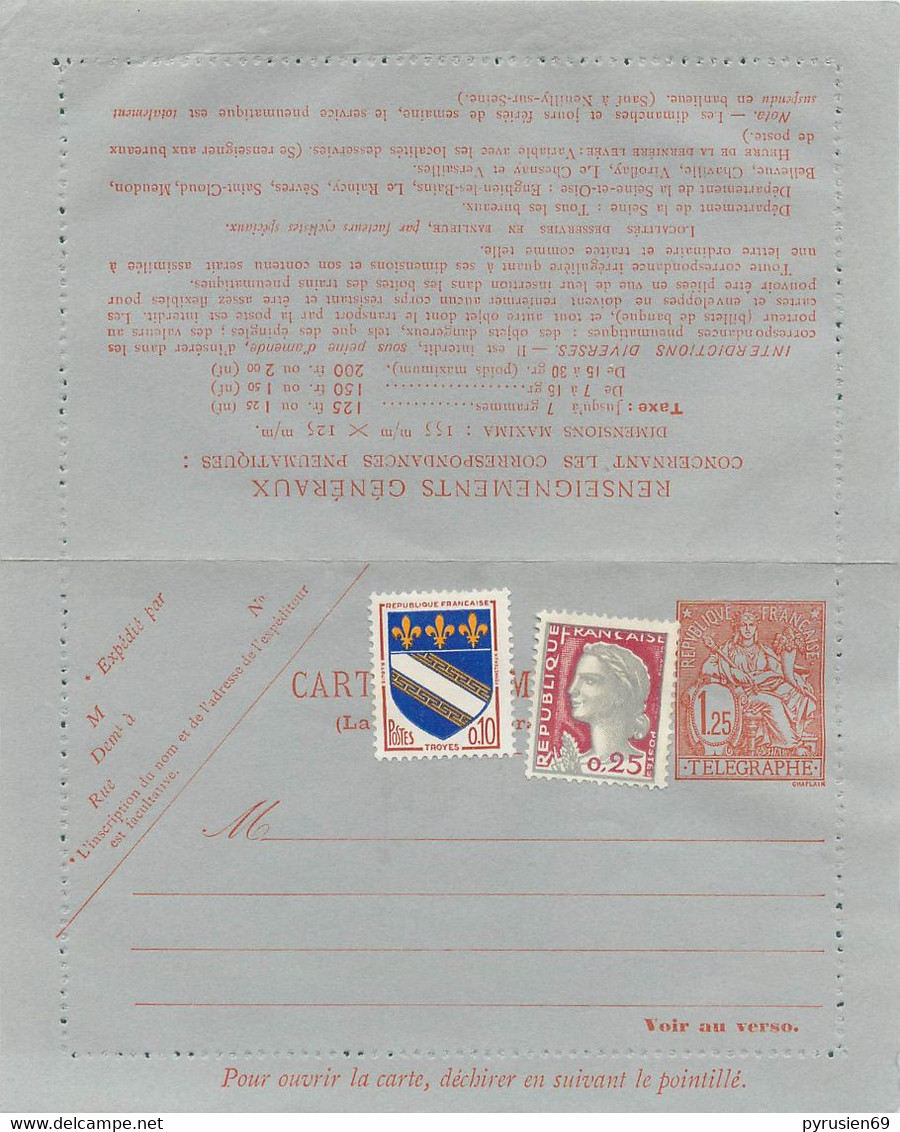 BELLE CARTE LETTRE PNEUMATIQUE  AU TYPE " CHAPLAIN 1F25 ROUGE ORANGE "  - 1960 - Neumáticos