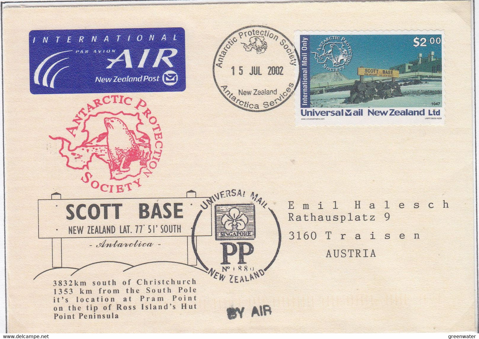 Scott Base 2002 Universal Mail New Zealand Scott Base Stamp Ca 15 JUL 2002 (GPA135) - Lettres & Documents