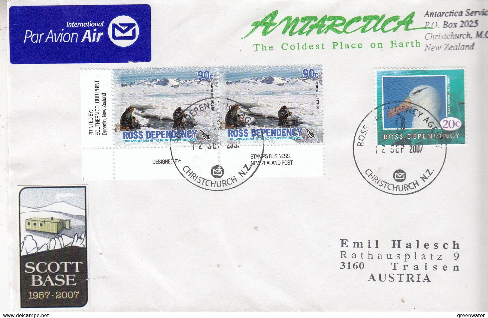 Ross Dependency 2007 Cover 3v + Label Scott Base Ca 12 SEP 2007 Ross Christchurch (GPA137A) - Lettres & Documents