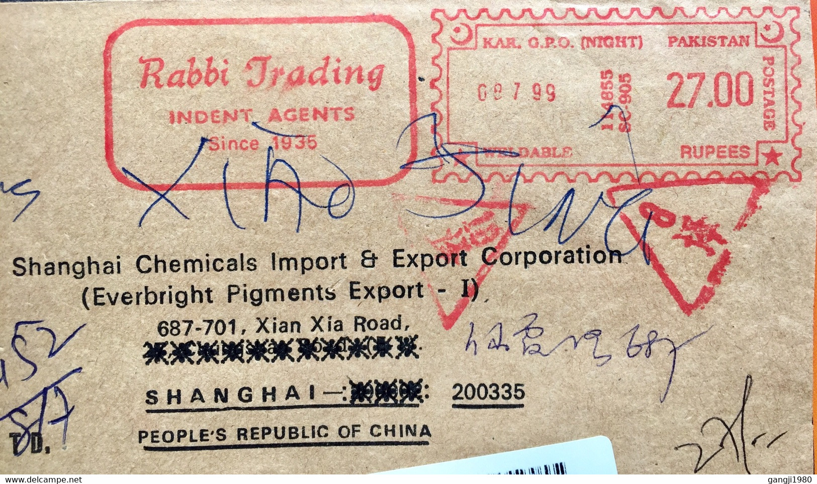 PAKISTAN 1999 ,REGISTERED RABI COVER TRADING ,KARACH NIGHT P.O METER SLOGAN TO CHINA 8 & 18 IN TRANGLE CENSOR? - Pakistan