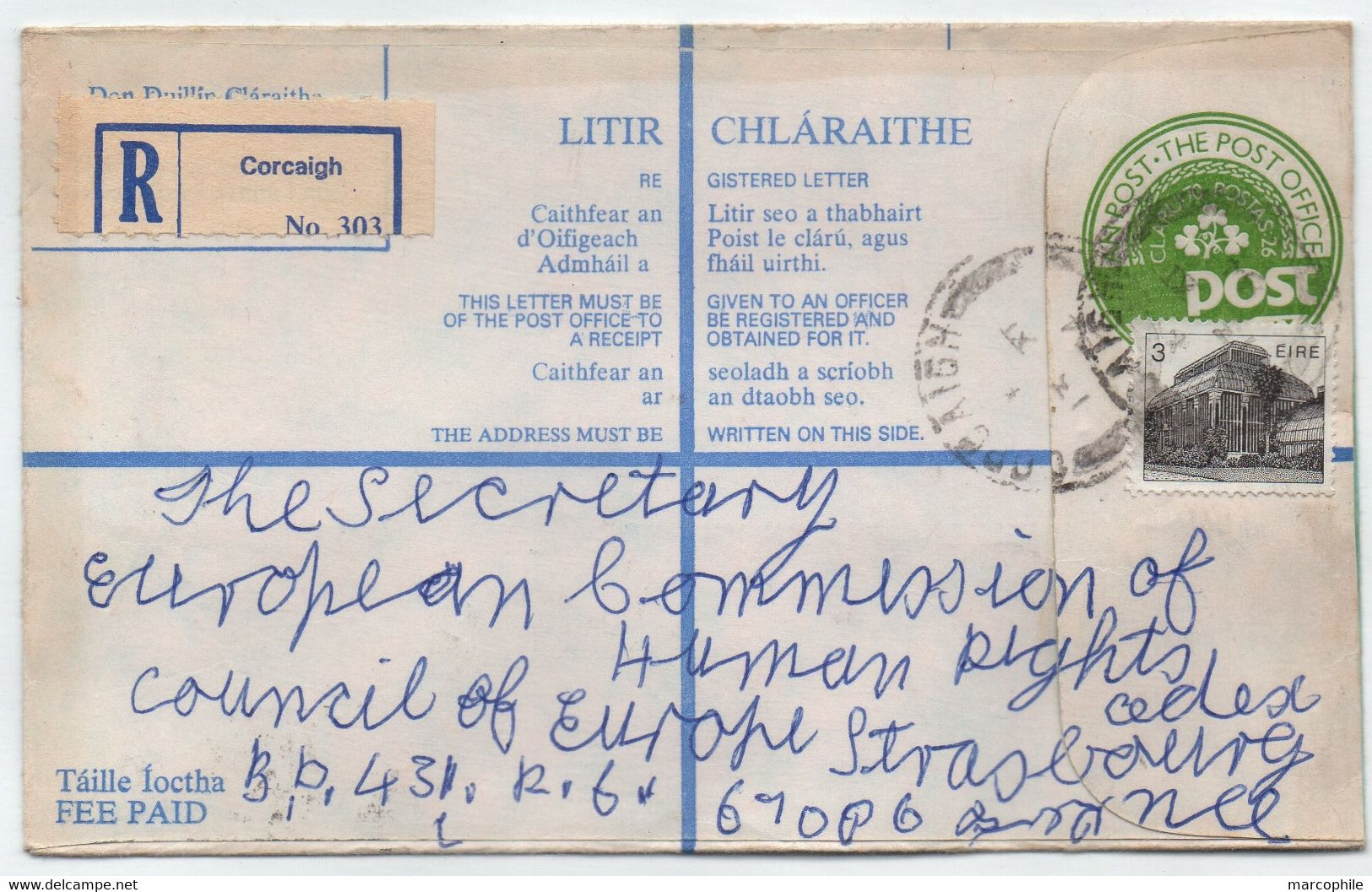 IRLANDE - EIRE - CORK - CORCAIGH / 1984 ENTIER POSTAL RECOMMANDE => CONSEIL DE L'EUROPE A STRASBOURG (ref 7959a) - Ganzsachen