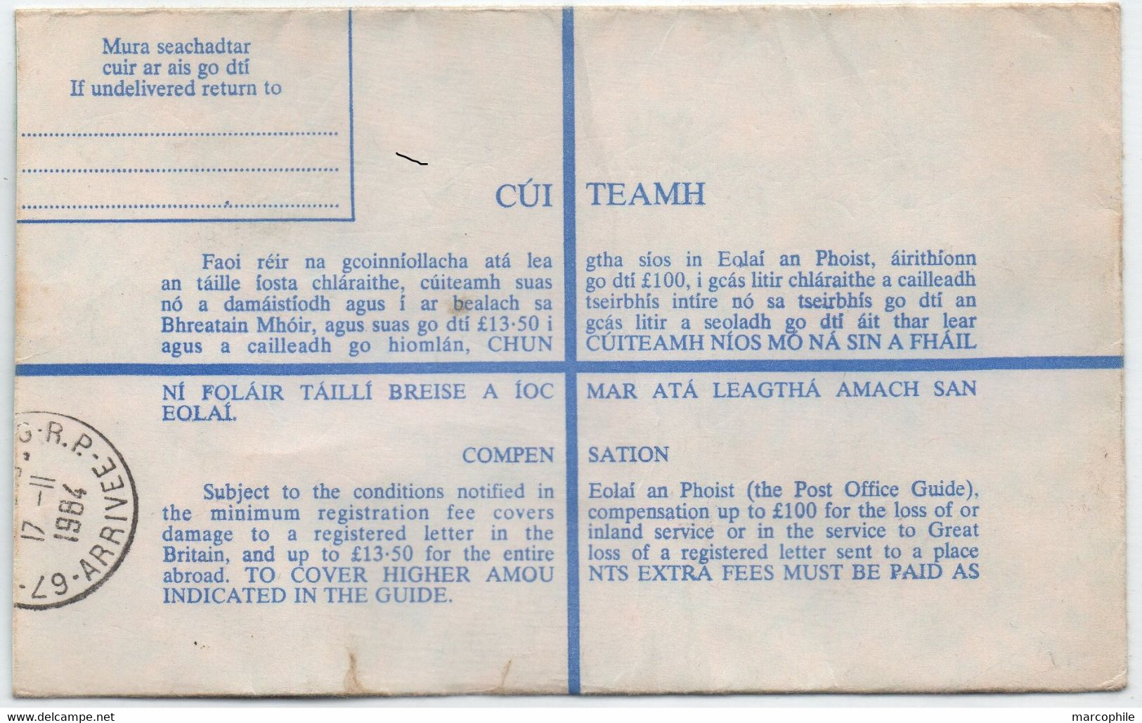 IRLANDE - EIRE - CORK - CORCAIGH / 1984 ENTIER POSTAL RECOMMANDE => CONSEIL DE L'EUROPE A STRASBOURG (ref 7959a) - Interi Postali