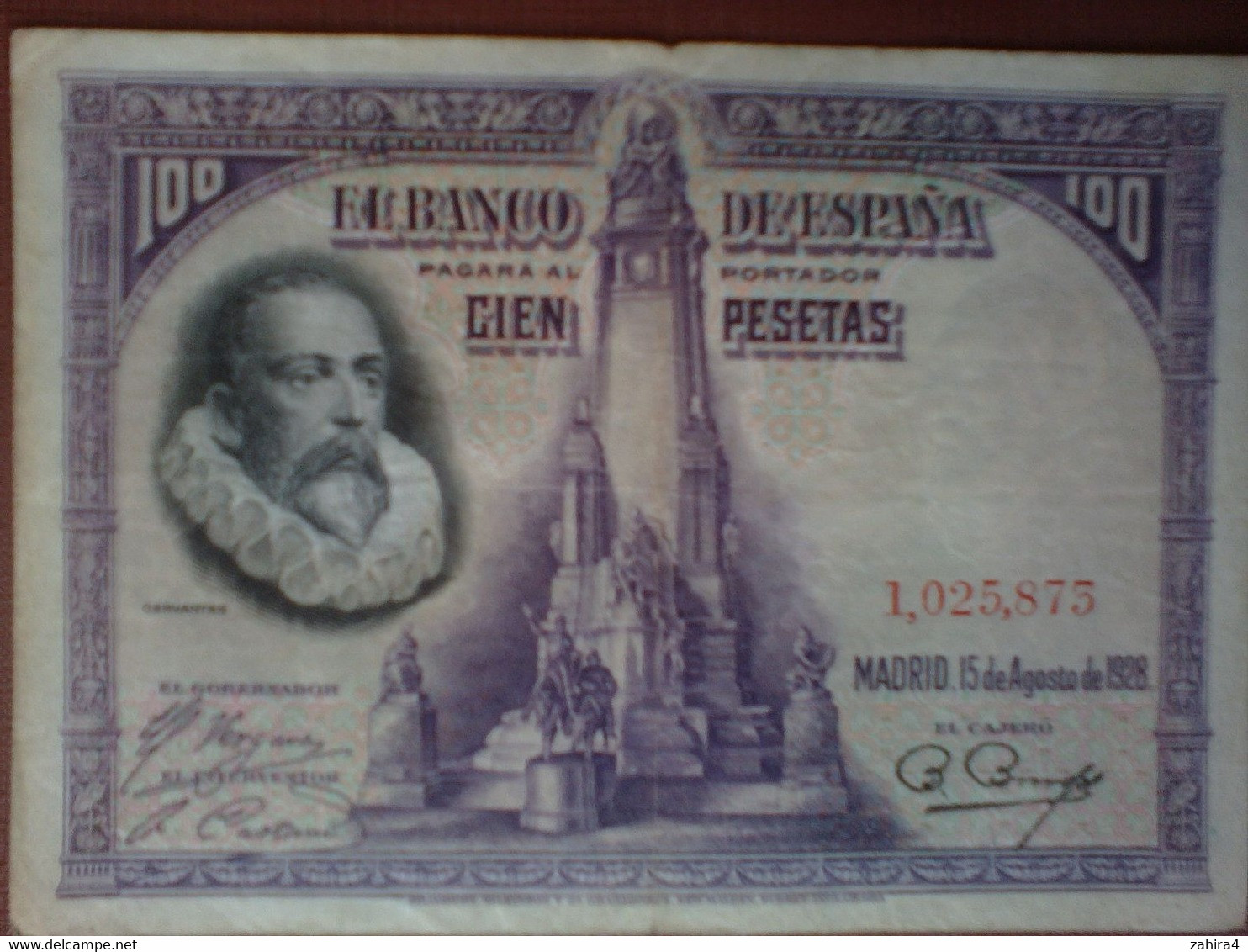 100 Pesetas - El Banco De Espana - 1,025,873 - Madrid 15 De Agosto De 1928 - Cervantes - Cien Pesetas - 100 Peseten