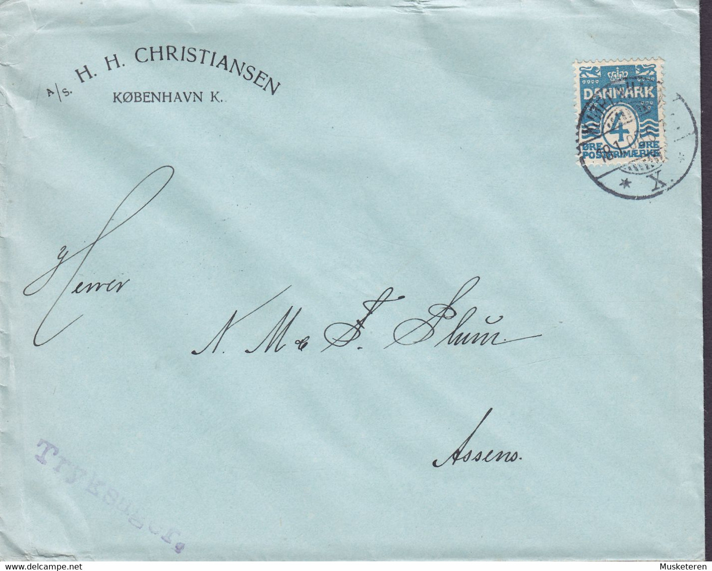 Denmark H. H. CHRISTIANSEN Brotype Ia KJØBENHAVN X. 1908 Cover Brief ASSENS (Arr.) 4 Øre Wellenlinien Stamp - Covers & Documents