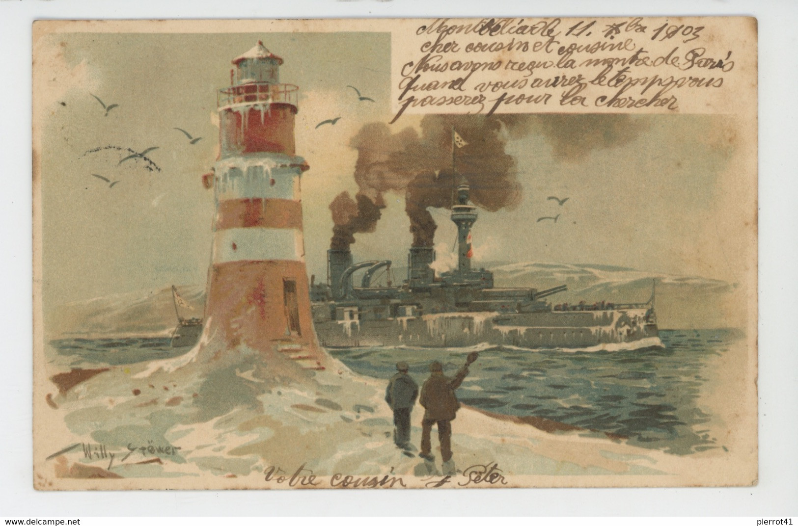 BATEAUX - MARINE DE GUERRE - Lithographie Cuirassé Passant Près D'un Phare Région Polaire Signée WILLY STÖWER - Guerra