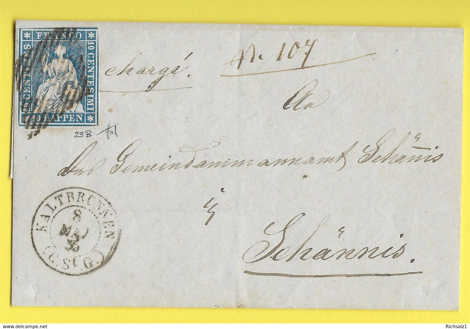 23B Auf Brief Von Kaltbrunnen Nach Schänis Sign. H.W.Bossert Kat. Fr.280.-++ - Brieven En Documenten