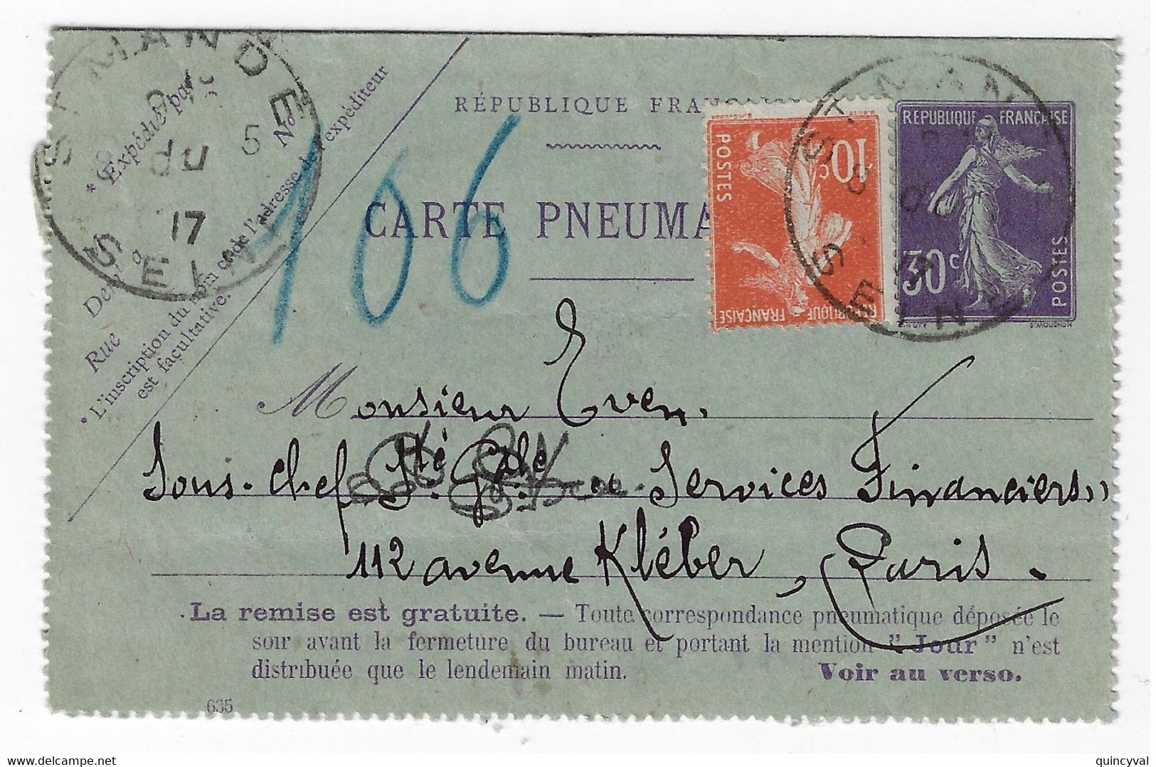 St MANDE Carte Lettre Entier 30c Semeuse Mill 635 Compl 10c Yv CLPP6 138 OB 8 5 1917 Type Du Dest Paris 106 - Pneumatiques