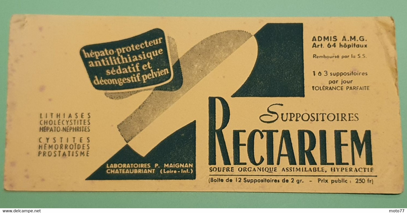 Buvard 1330 - Laboratoire - RECTARLEM - Fin - Etat D'usage : Voir Photos - 21.5 X 10 Cm Environ- Vers 1950 - Produits Pharmaceutiques