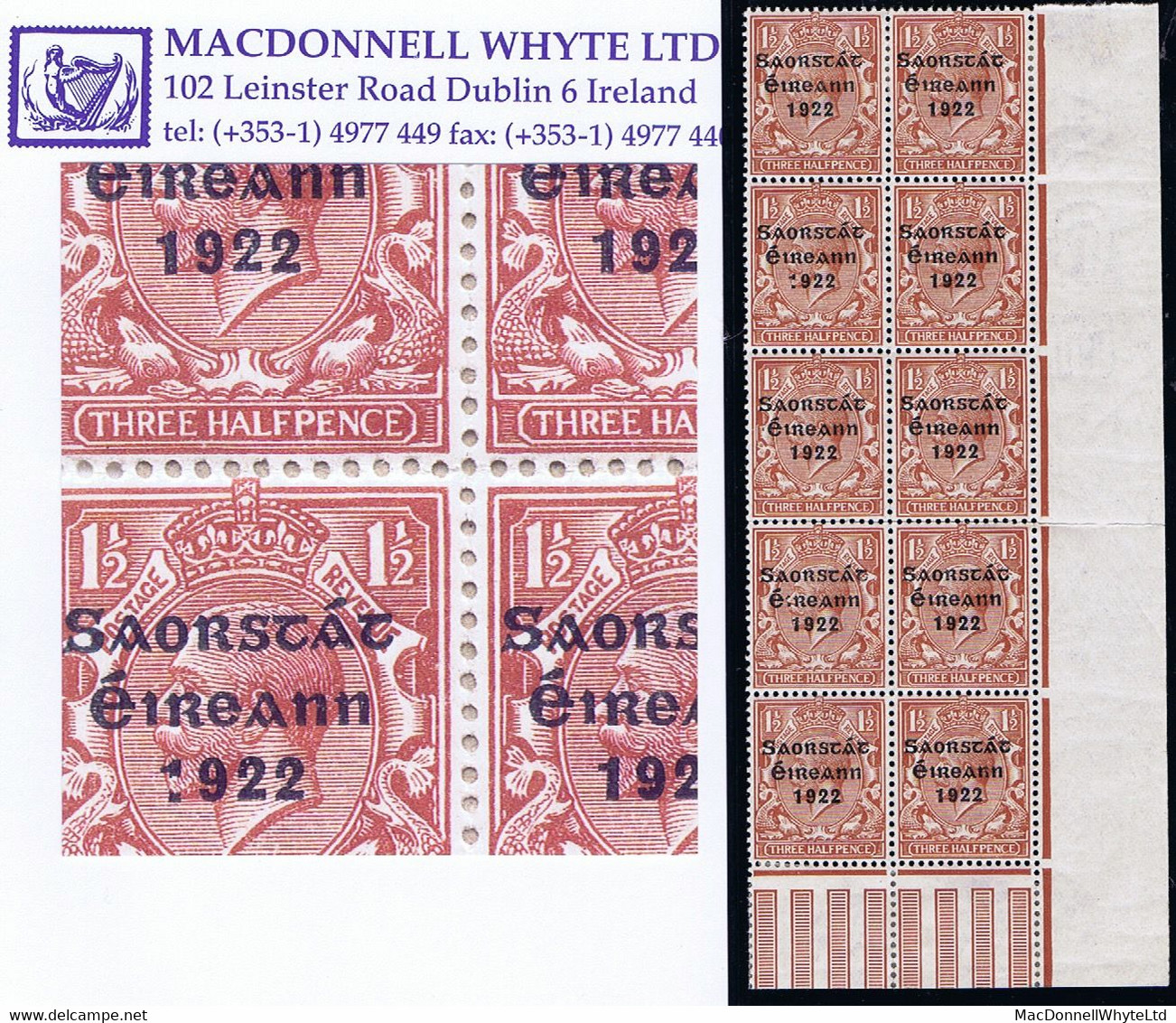 Ireland 1922-23 Thom Saorstat 3-line Ovpt On 1½d Brown Var. "Colon For 1 In 1922" In A Corner Block Of 10 Mint - Nuovi