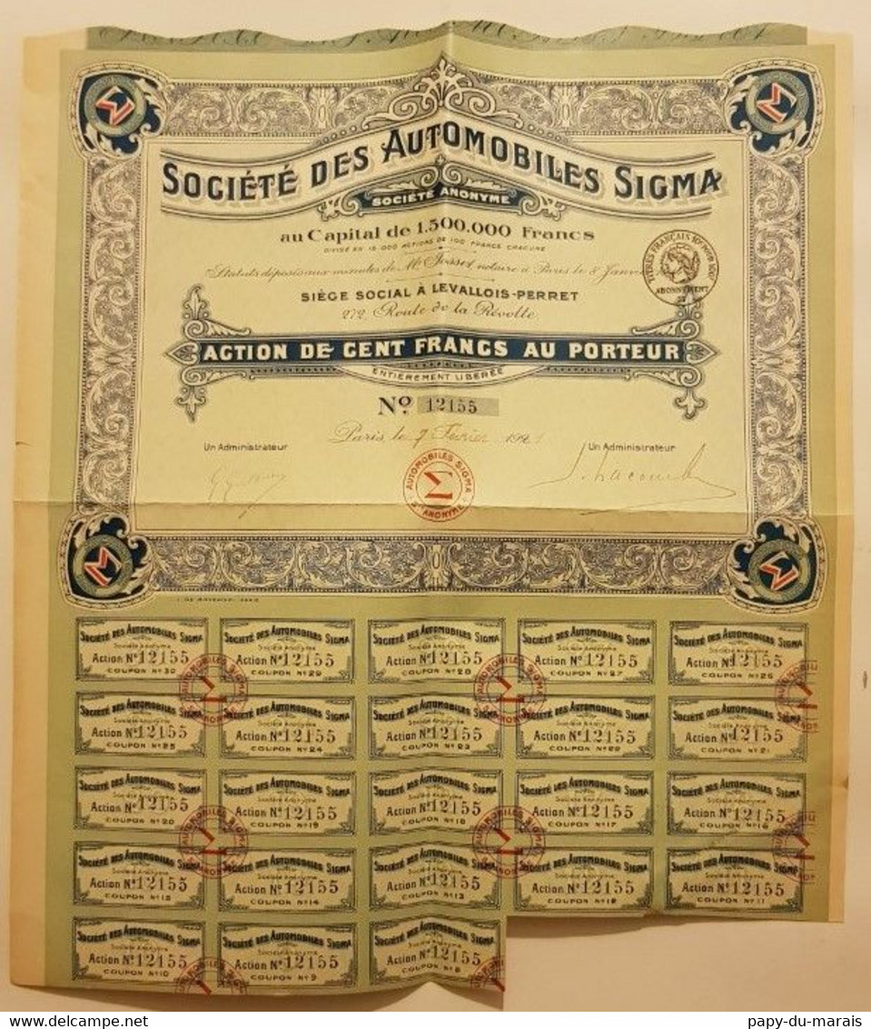 ACTION De 100 Francs -SOCIETE DES AUTOMOBILES SIGMA 1921-GENÈVE - Auto's