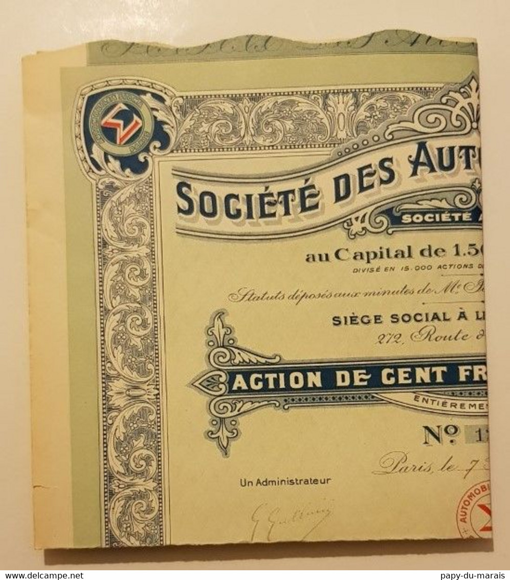 ACTION De 100 Francs -SOCIETE DES AUTOMOBILES SIGMA 1921-GENÈVE - Auto's