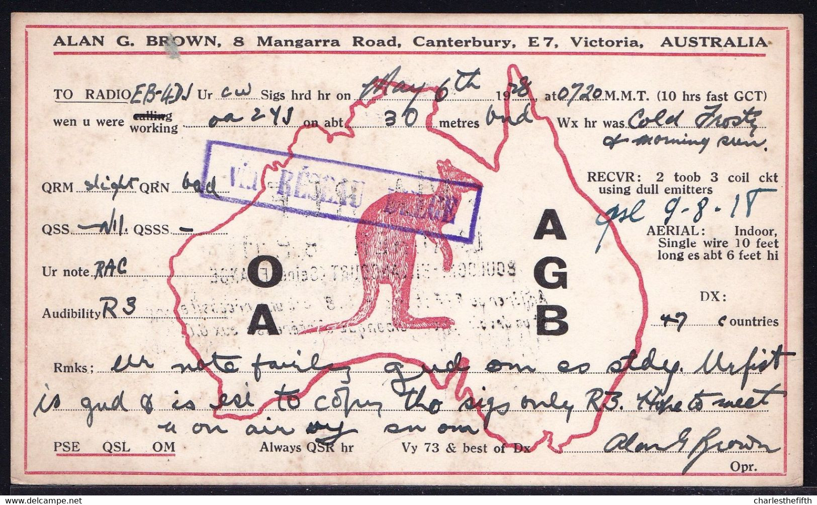 VICTORIA 1928 AUSTRALIA - SHORT WAVE - AMATEUR RADIO STATION QSR VIA BOULOGNE > KNOKKE RESEAU BELGE To - Andere & Zonder Classificatie