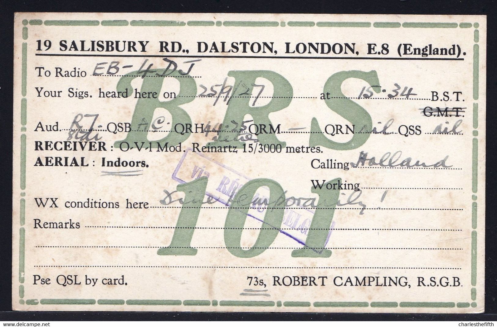 DALSTON LONDON 1927 U.K. - SHORT WAVE - AMATEUR RADIO STATION BRS101 RESEAU BELGE - Autres & Non Classés