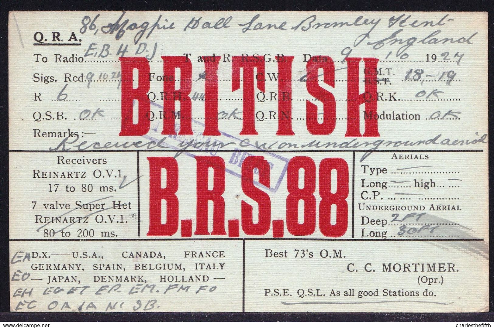 KENT ENGLAND 1924 U.K. - SHORT WAVE - AMATEUR RADIO STATION B.R.S.88 VIA RESEAU BELGE - Other & Unclassified