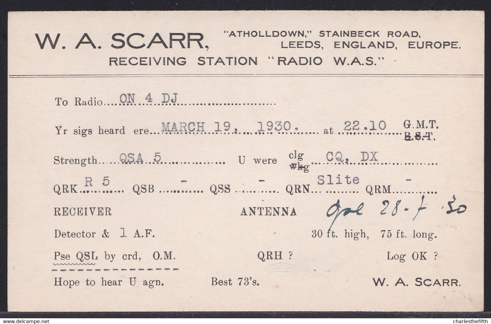 LEEDS ENGLAND 1930 U.K. - SHORT WAVE - AMATEUR RADIO STATION TO ON4DJ VIA RESEAU BELGE - Otros & Sin Clasificación