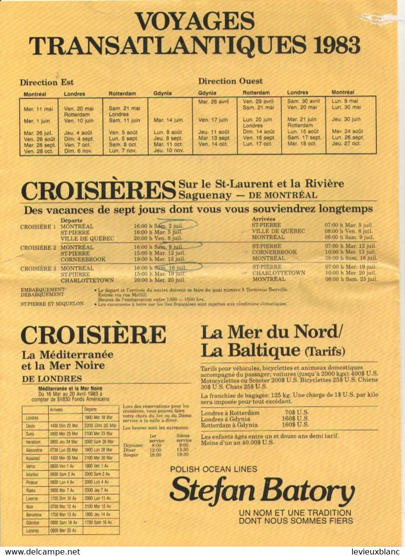 Grand Dépliant Publicitaires/CROISIERES/Départs Transatlantiques/POLISH OCEAN LINES/Stephan Batory/Canada/1983    MAR94a - Andere & Zonder Classificatie