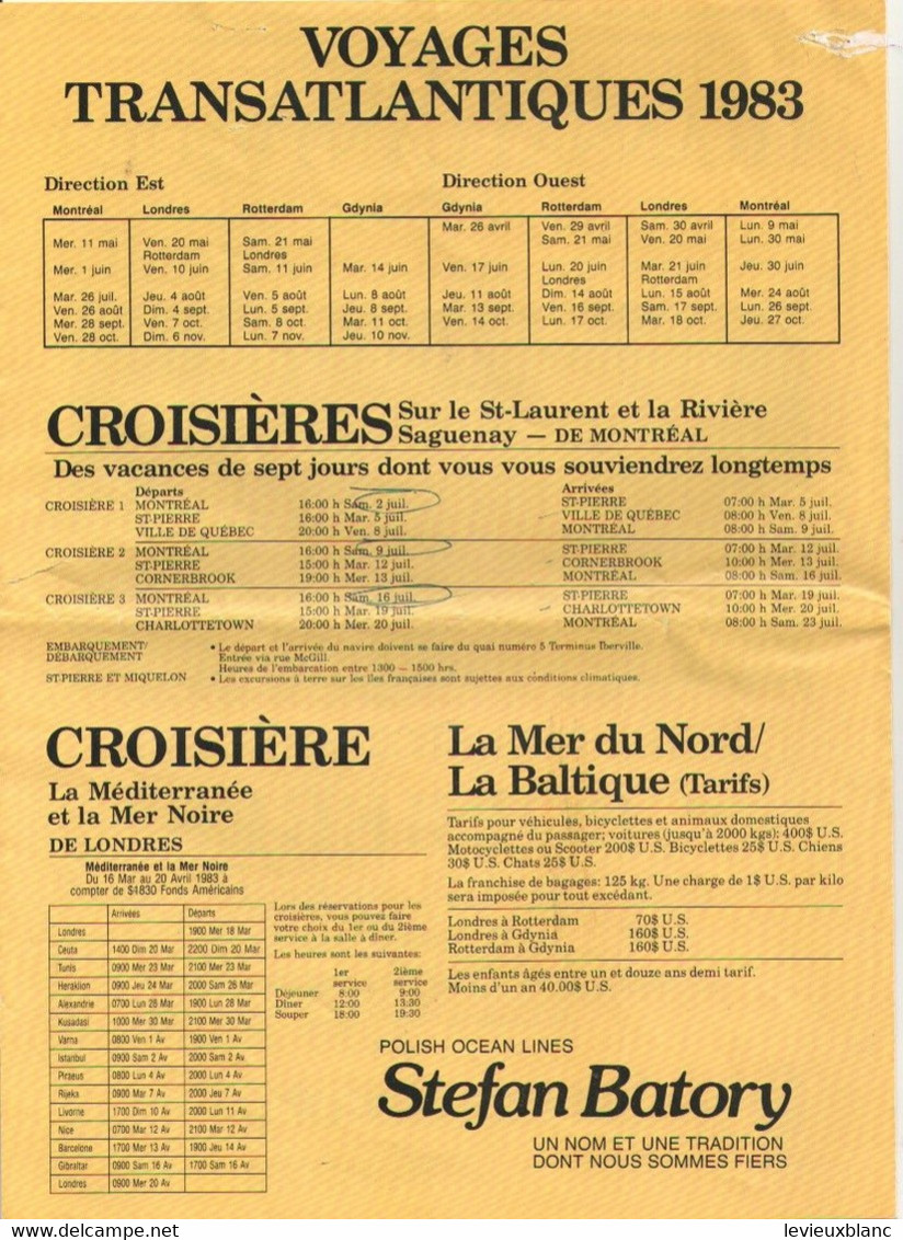 Grand Dépliant Publicitaires/CROISIERES/Départs Transatlantiques/POLISH OCEAN LINES/Stephan Batory/Canada/1983    MAR94b - Sonstige & Ohne Zuordnung