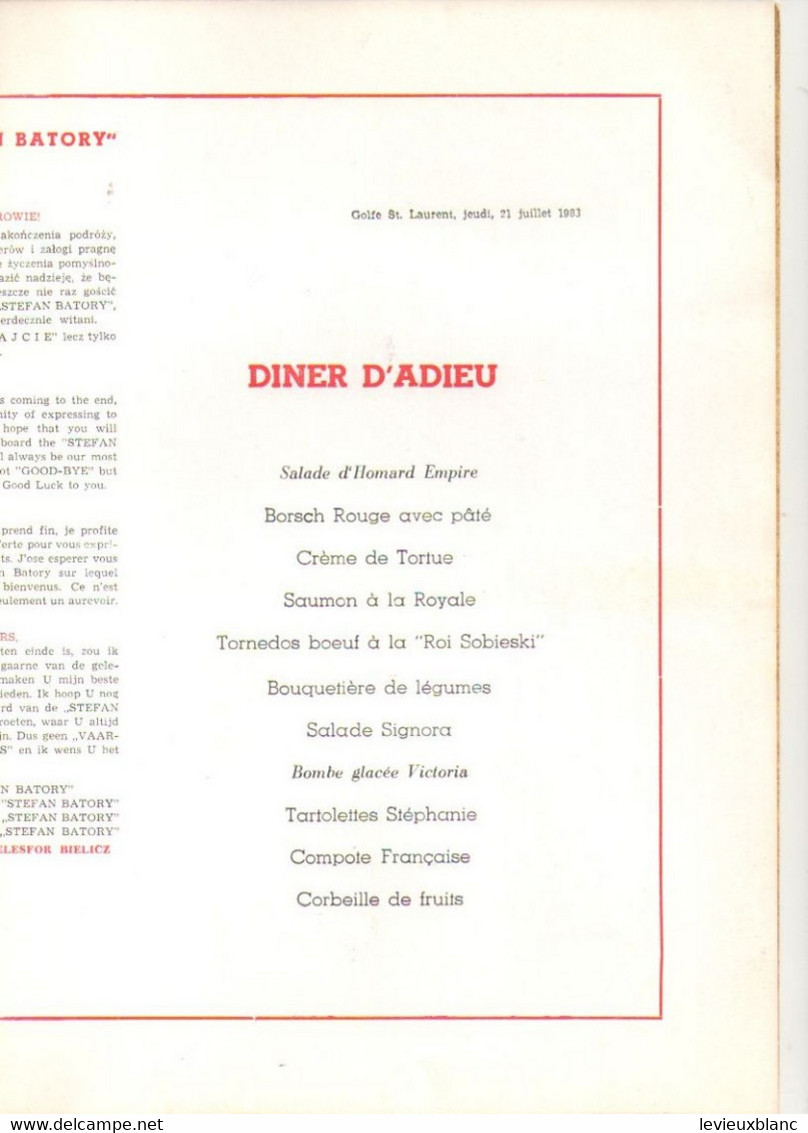 Grand Menu De Fin De Croisiére/Farewell Dinner/TS STEFAN BATTORY/Polish Ocean Lines/Polskie Linie /Canada/1983    MAR98 - Autres & Non Classés