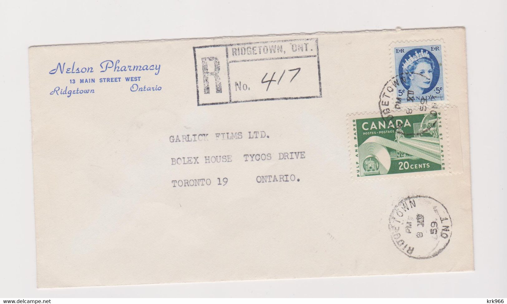 CANADA  1959 RIDGETOWN Nice Registered Cover - Brieven En Documenten