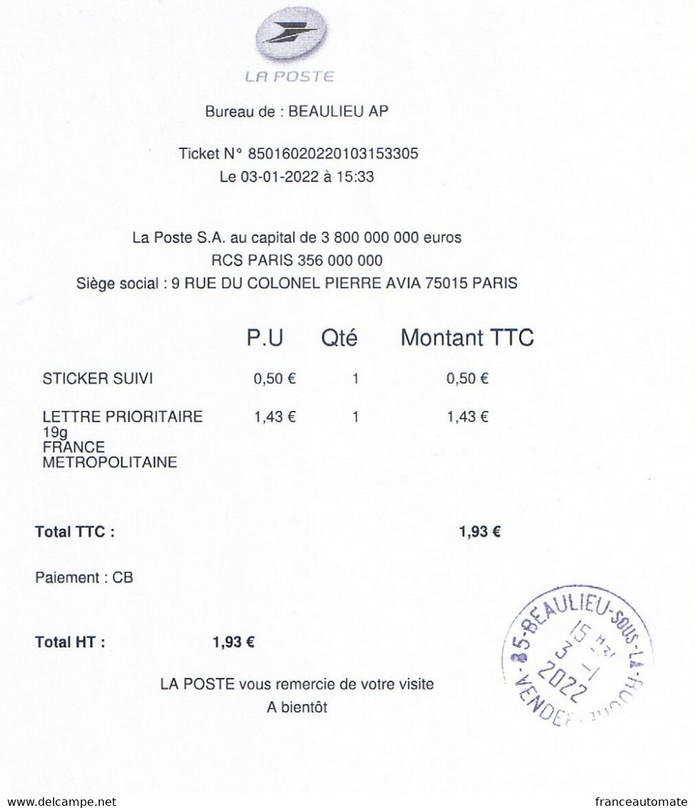 10 ATMS, IMPRIMANTE INTERMEC PC43D, Des APC, CC 1.14/ DD 116/ AA 143/ IP 1.65/ BB 0.56 Et 92€/ SUIVIS 1.43€ Et 4.15€ - 2010-... Abgebildete Automatenmarke