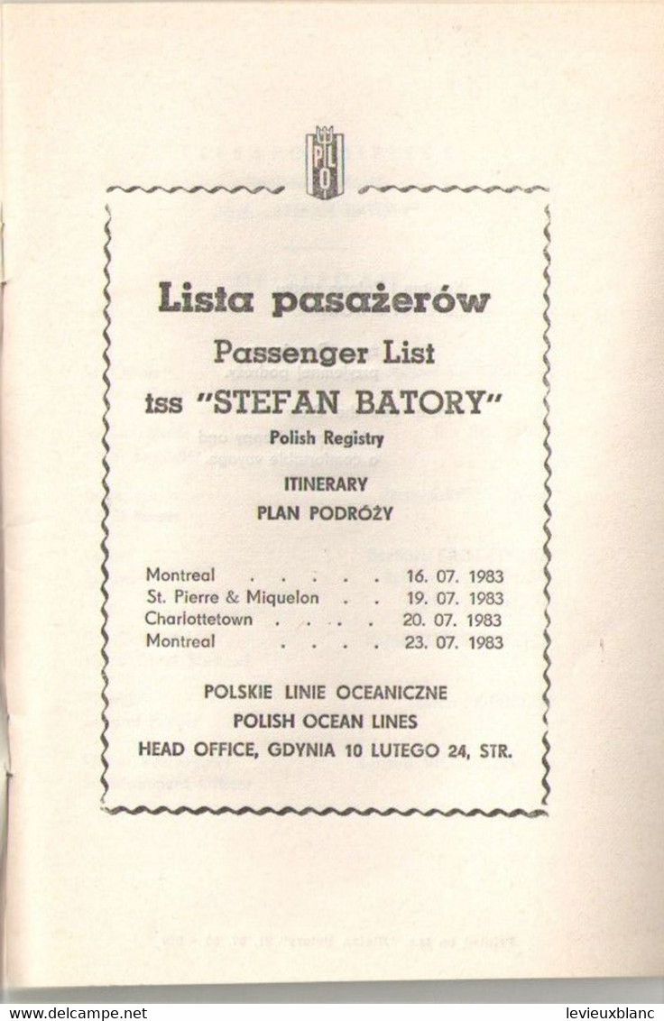 Liste Des Passagers /Lista PasazerowTSS STEFAN BATORY/Polish Ocean Lines/Polskie Linie Ocean Lines /Canada/1983    MAR91 - Other & Unclassified